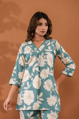 MintFlora Women’s 2-Piece Cotton Cord Set – Mint Green Floral Top & Pants Sleepwear