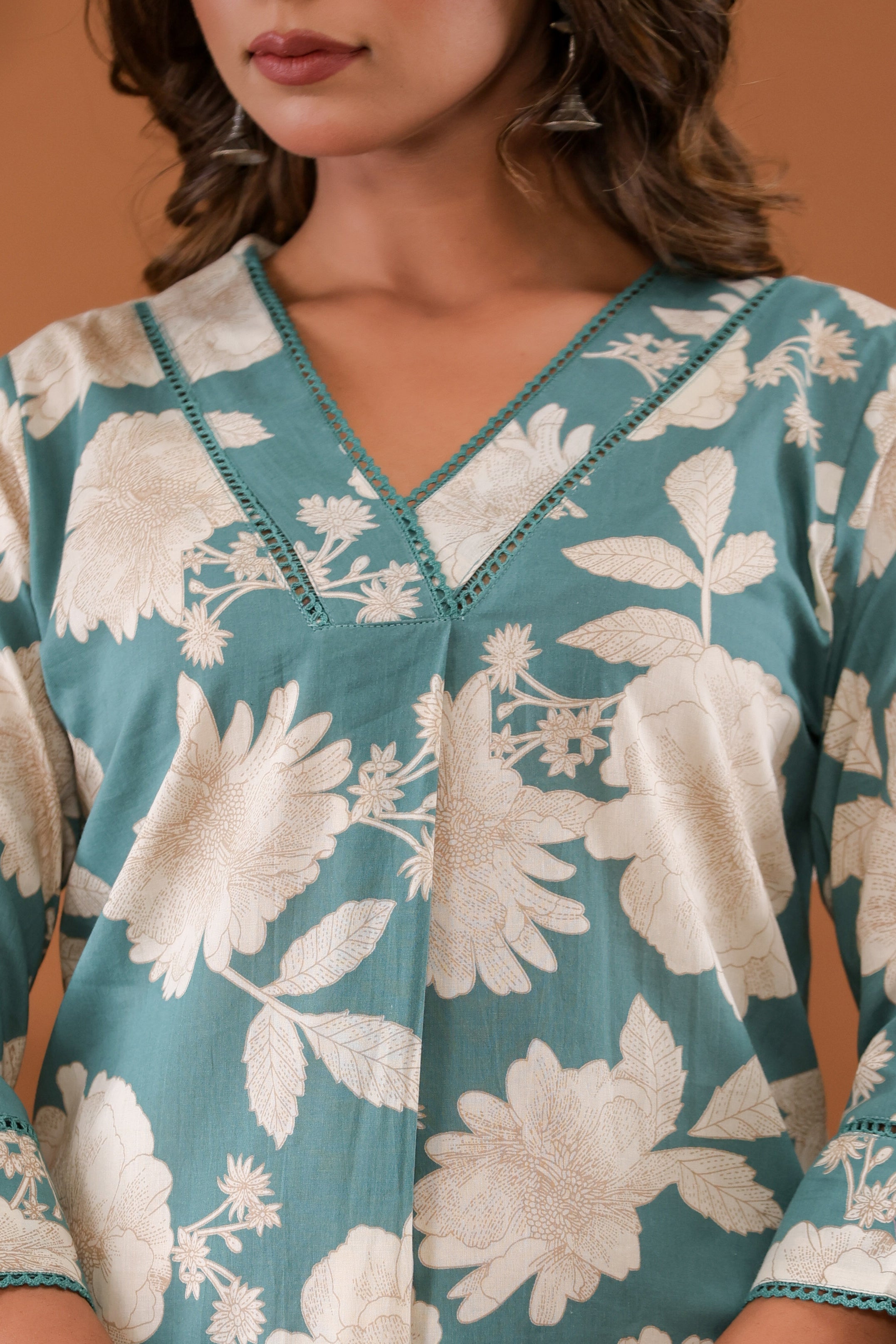 MintFlora Women’s 2-Piece Cotton Cord Set – Mint Green Floral Top & Pants Sleepwear