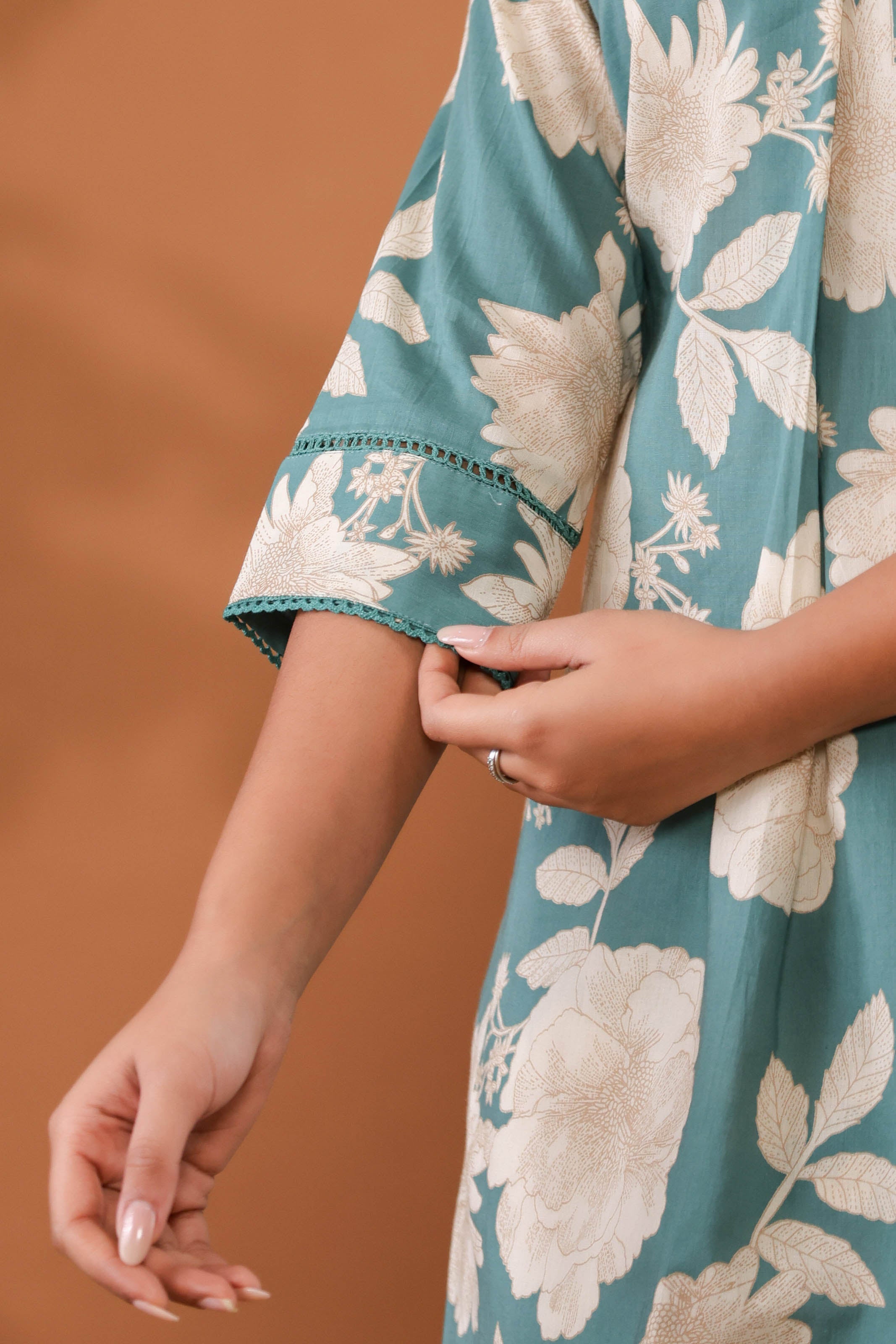 MintFlora Women’s 2-Piece Cotton Cord Set – Mint Green Floral Top & Pants Sleepwear