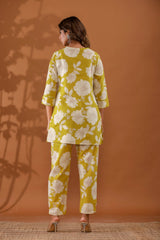 SunnyBloom Women’s 2-Piece Cotton Cord Set – Yellow & White Floral Top & Pants