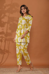 SunnyBloom Women’s 2-Piece Cotton Cord Set – Yellow & White Floral Top & Pants