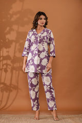 LavenderBloom Women’s 2-Piece Cotton Cord Set – Purple & White Floral Top & Pants Sleepwear