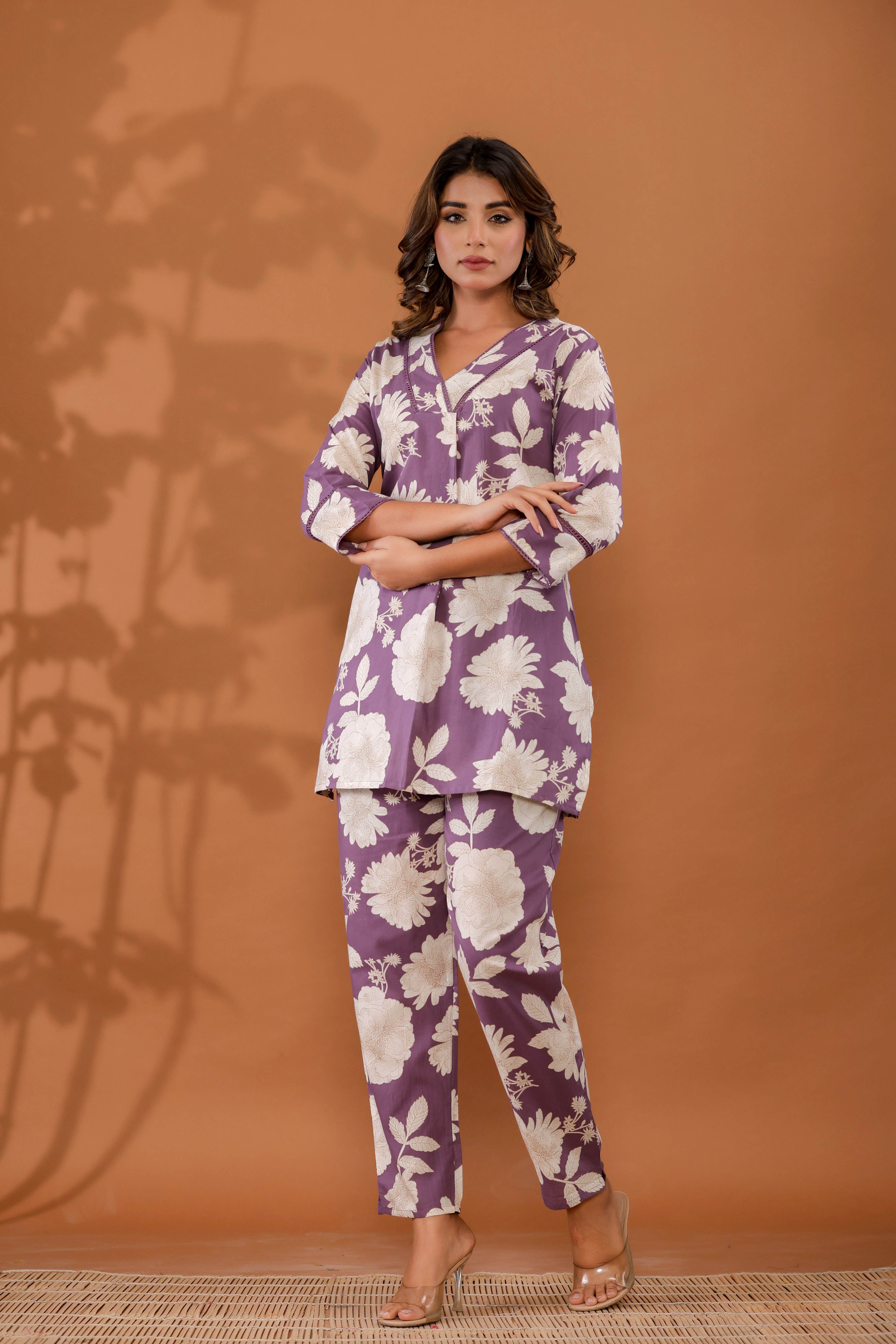 LavenderBloom Women’s 2-Piece Cotton Cord Set – Purple & White Floral Top & Pants Sleepwear