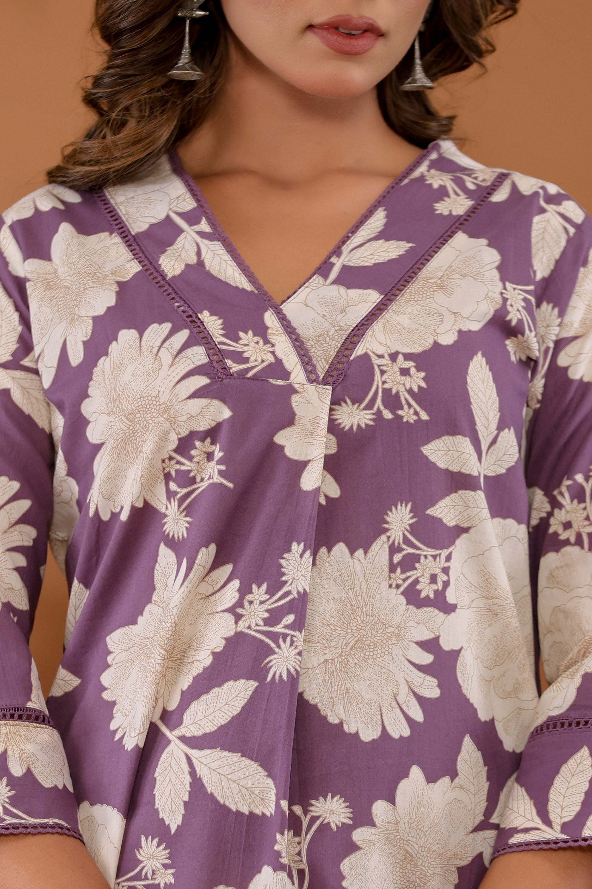 LavenderBloom Women’s 2-Piece Cotton Cord Set – Purple & White Floral Top & Pants Sleepwear