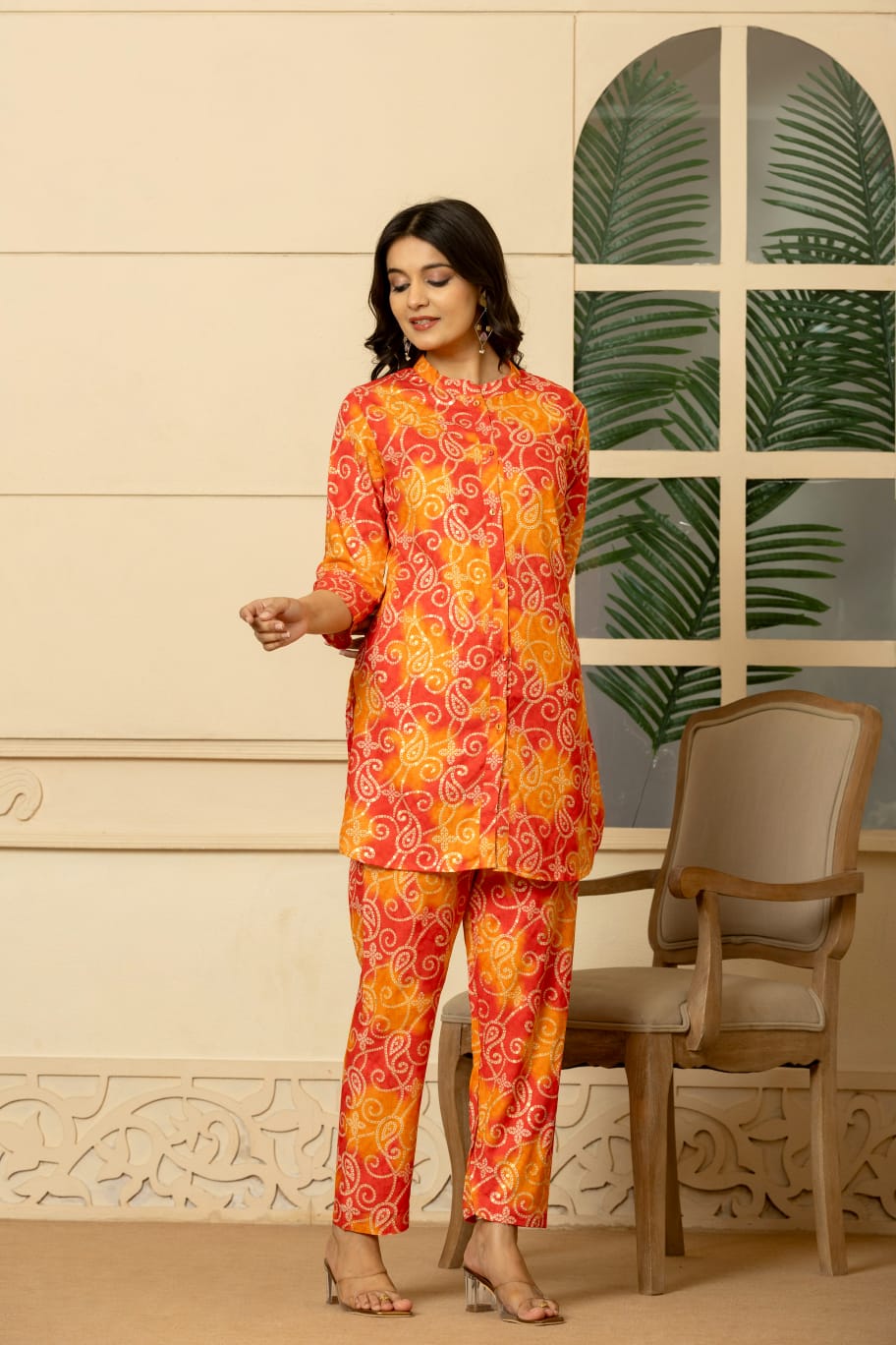 Jaipuri Printed Sunset Blossom CORD Set - Red & Orange