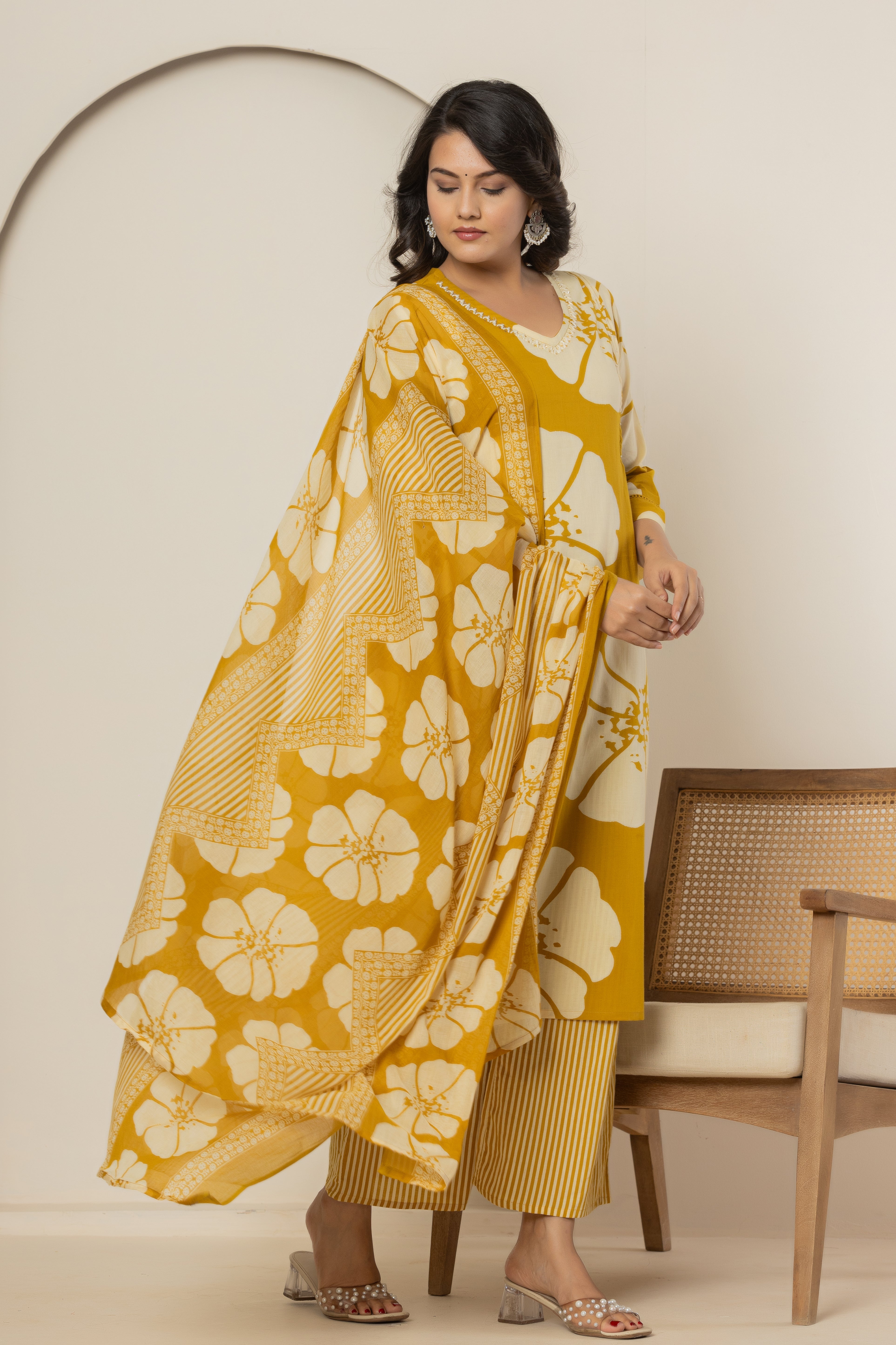 Golden Blossom Women's Dupatta Cotton Sleepwear Set – Yellow Floral Printed