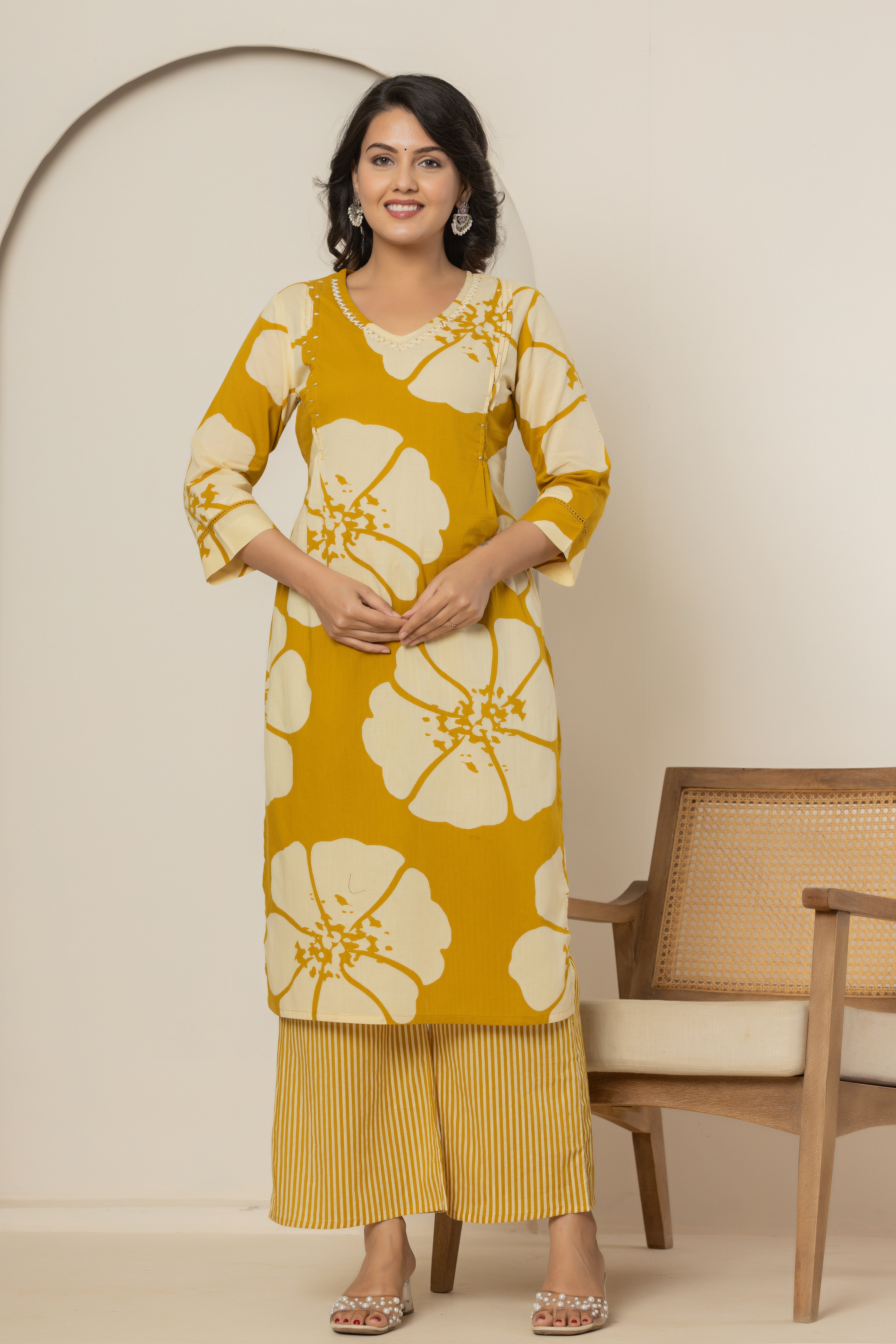 Golden Blossom Women's Dupatta Cotton Sleepwear Set – Yellow Floral Printed