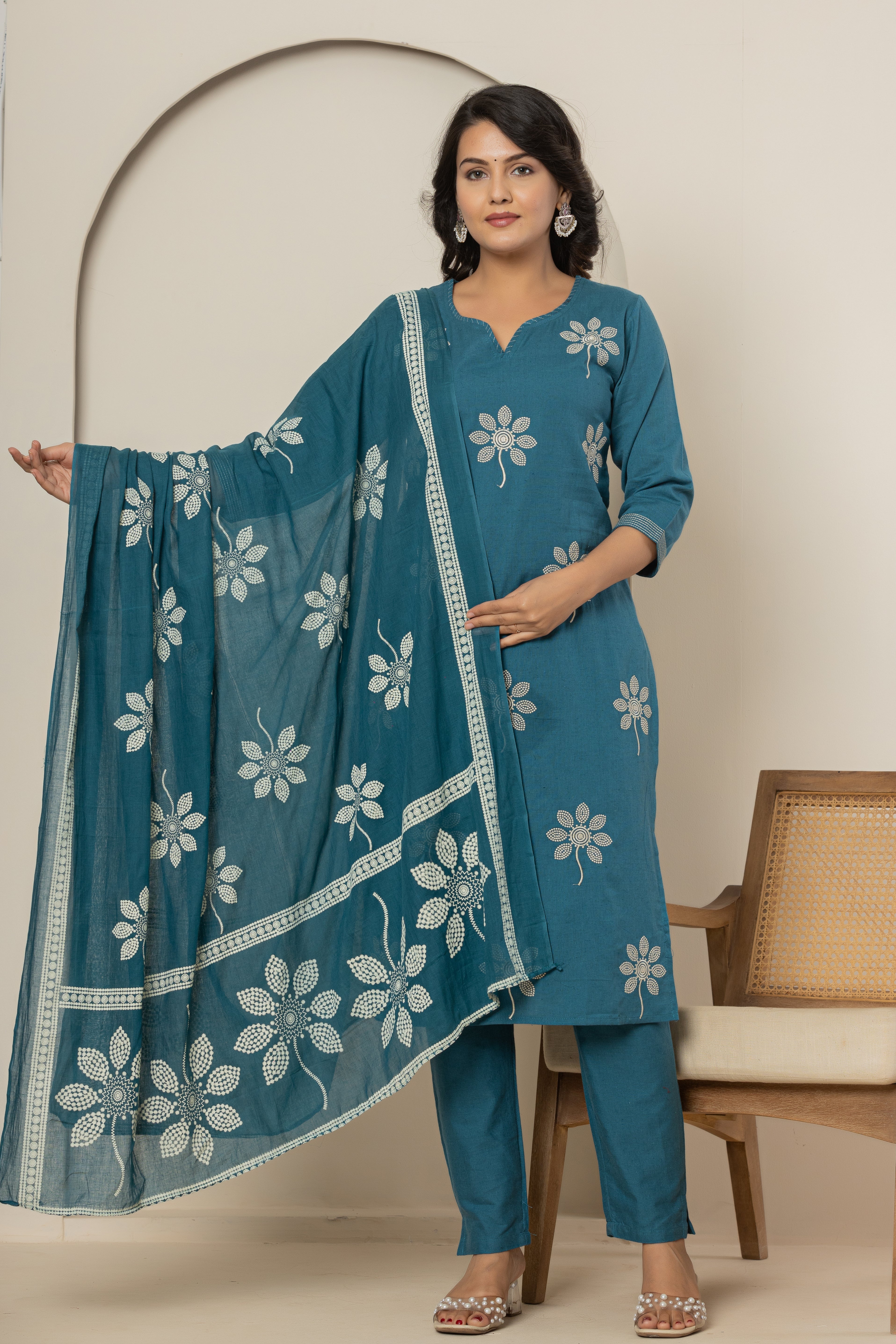 Blue Bloom Women's Dupatta Cotton Sleepwear Set