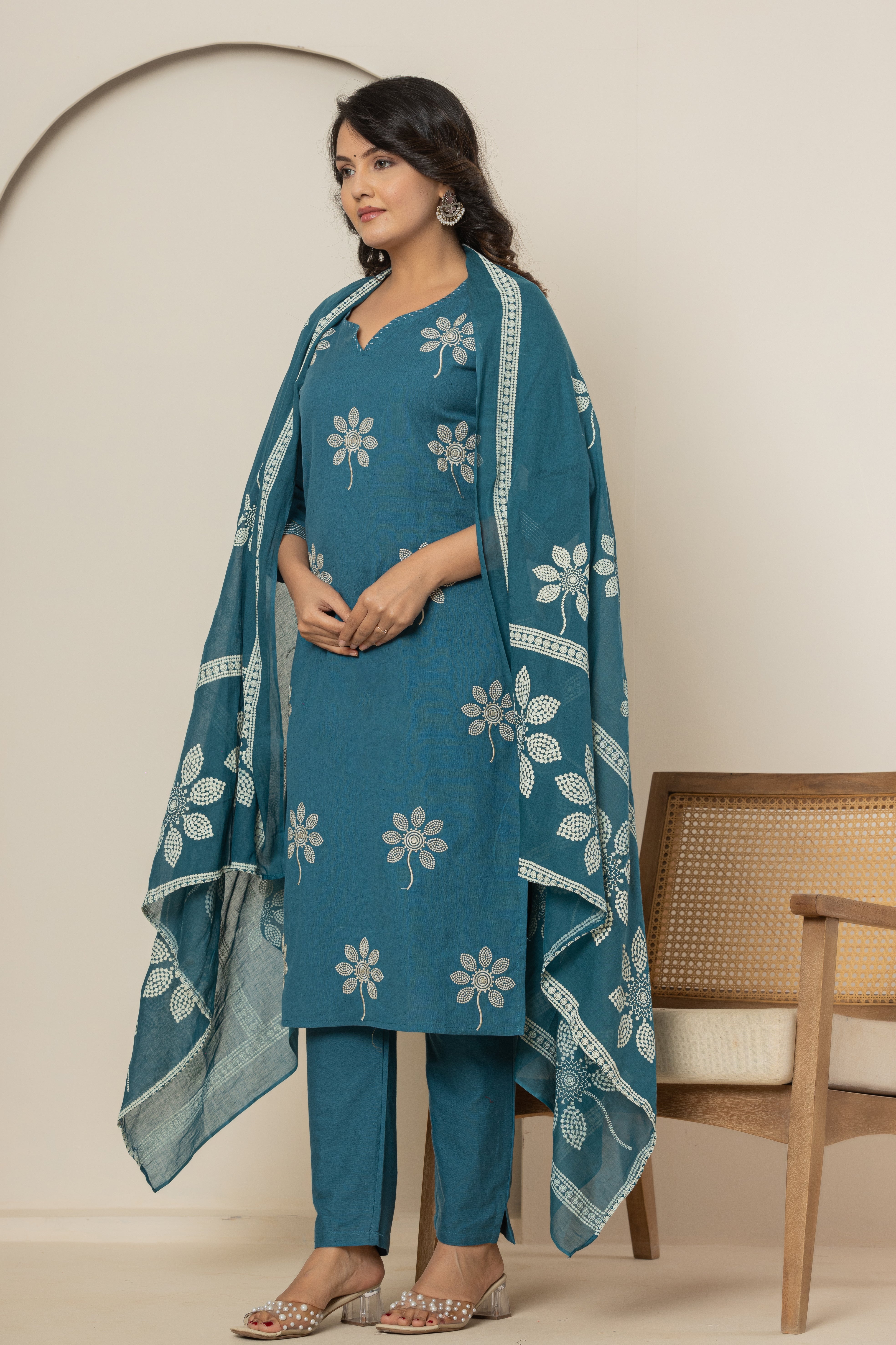 Blue Bloom Women's Dupatta Cotton Sleepwear Set