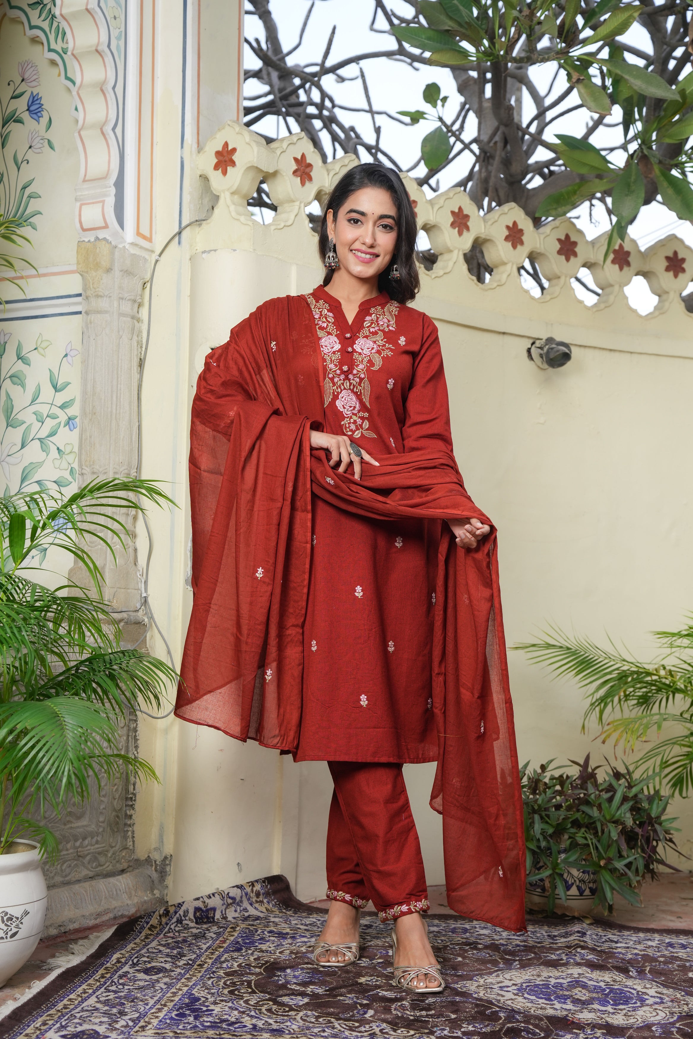 Maroon Bloom Women's Dupatta Cotton Sleepwear Set