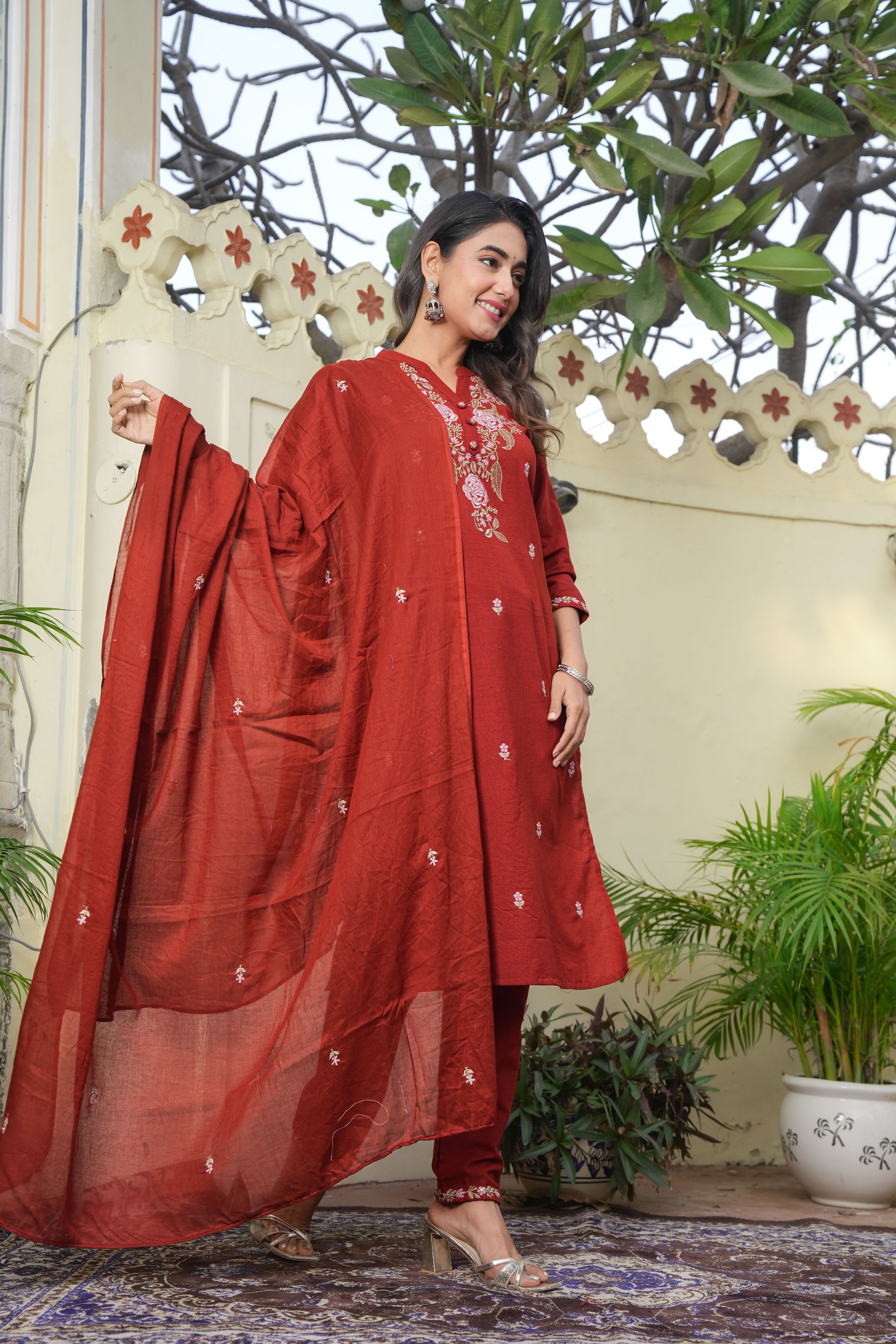 Maroon Bloom Women's Dupatta Cotton Sleepwear Set