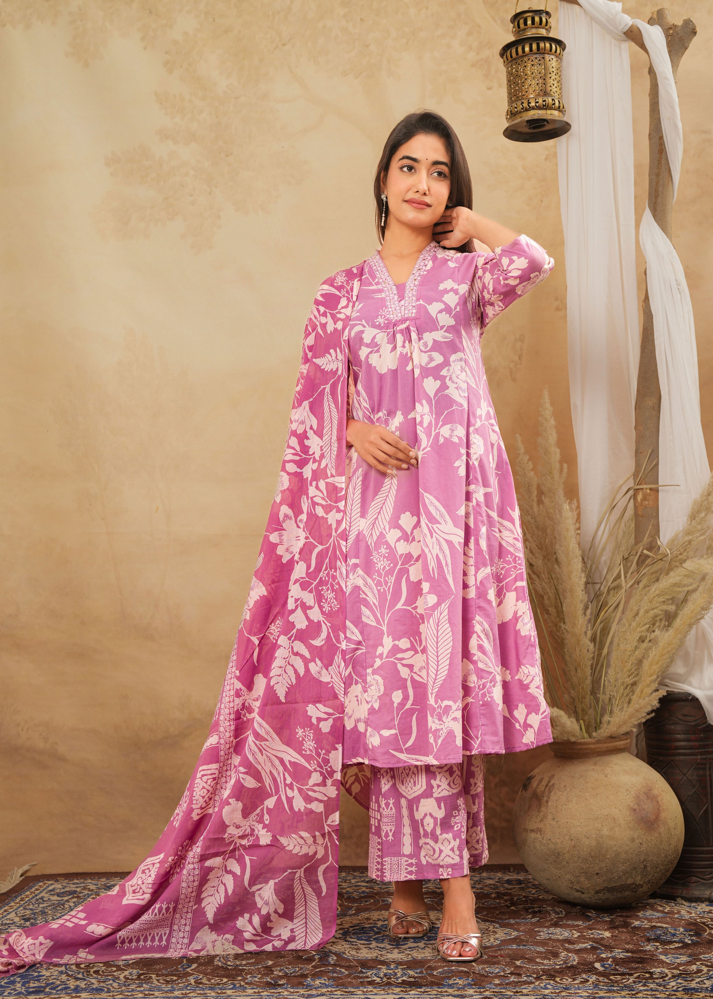 Pink Blossom Women's Dupatta Cotton Set – Floral Printed
