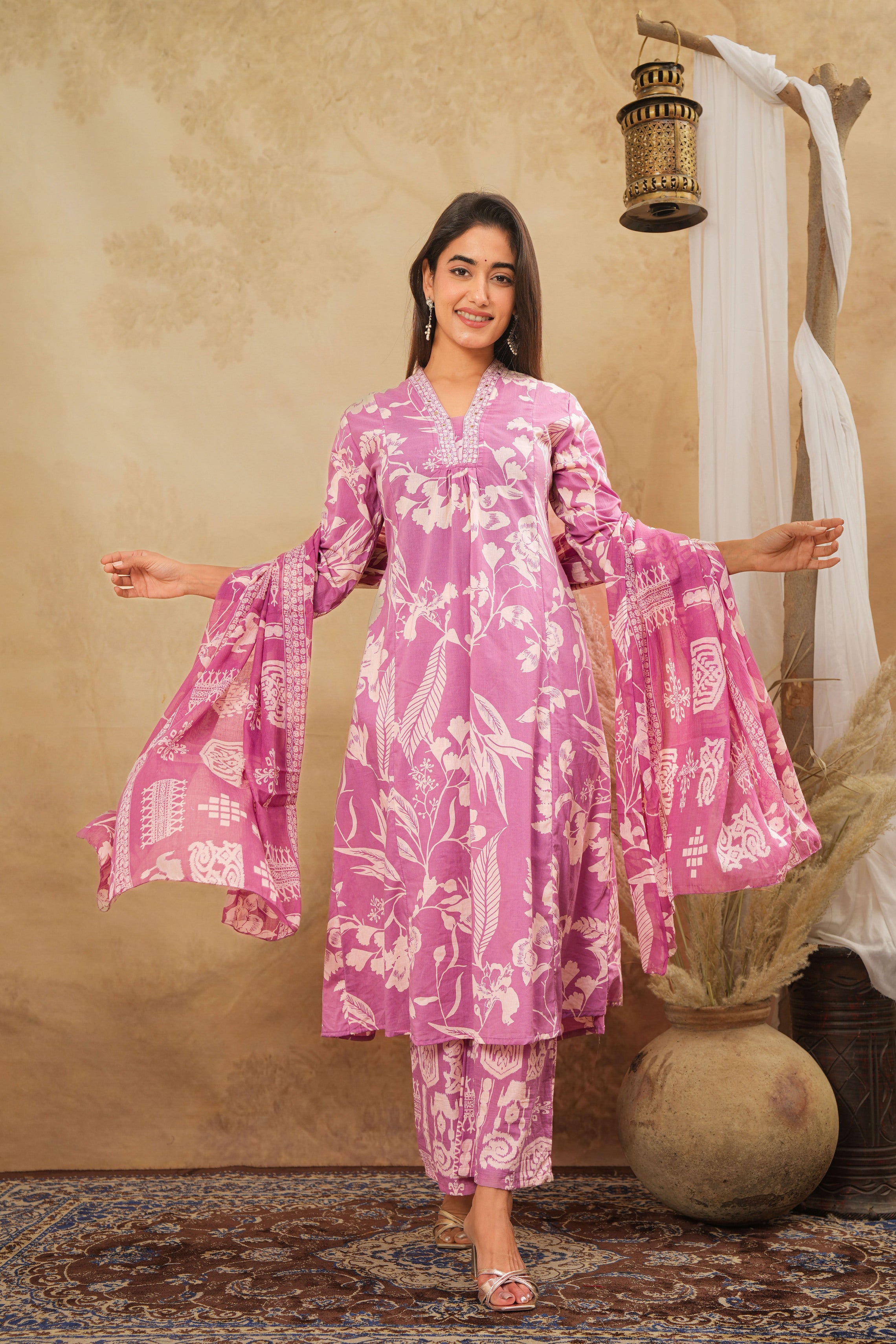 Pink Blossom Women's Dupatta Cotton Set – Floral Printed