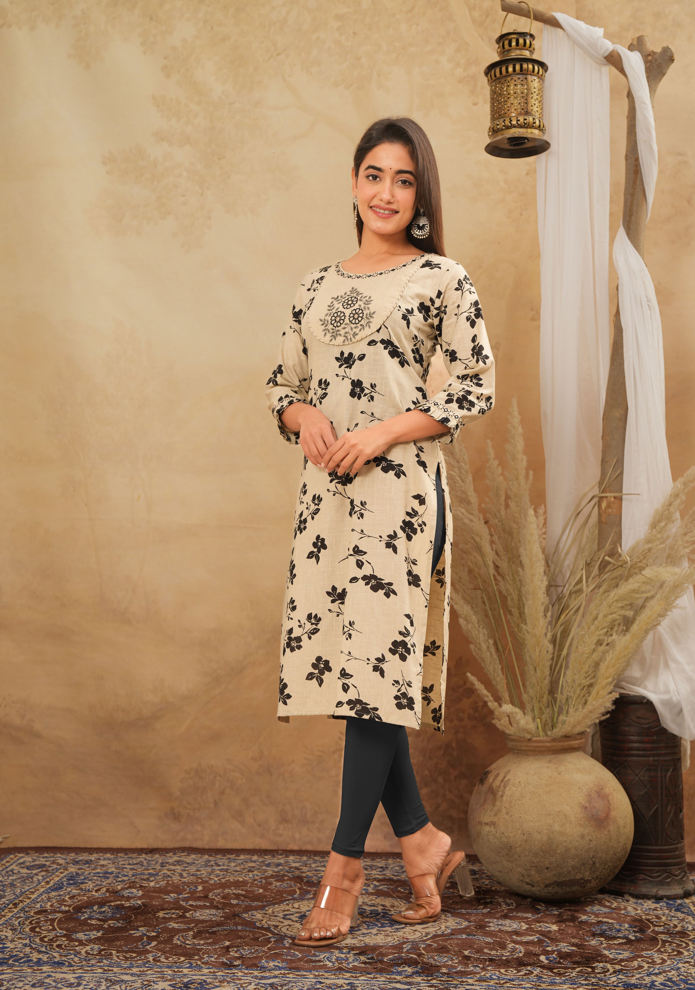 Blossom Breeze Women's Kurti Cotton – Off White Floral Printed