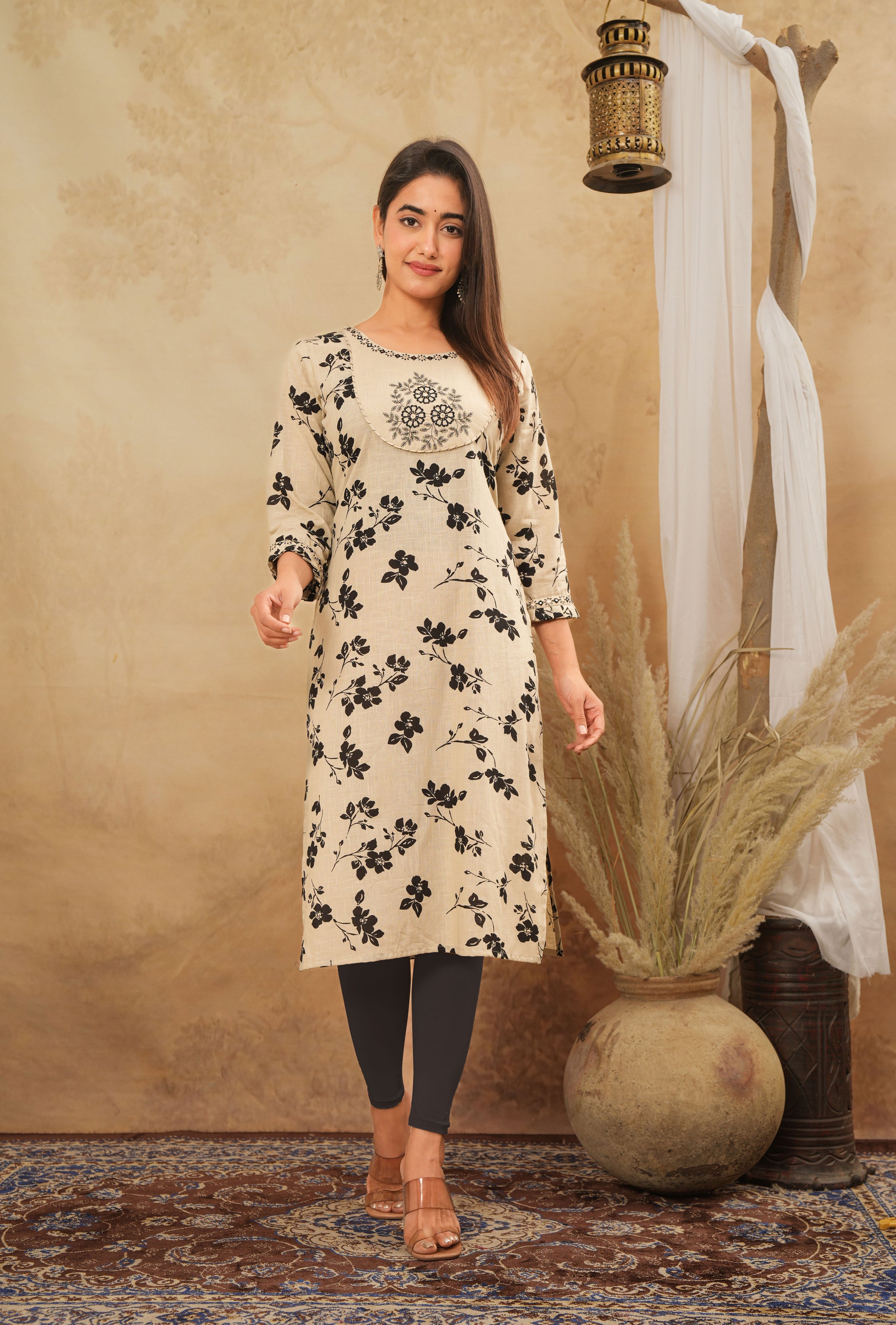 Blossom Breeze Women's Kurti Cotton – Off White Floral Printed