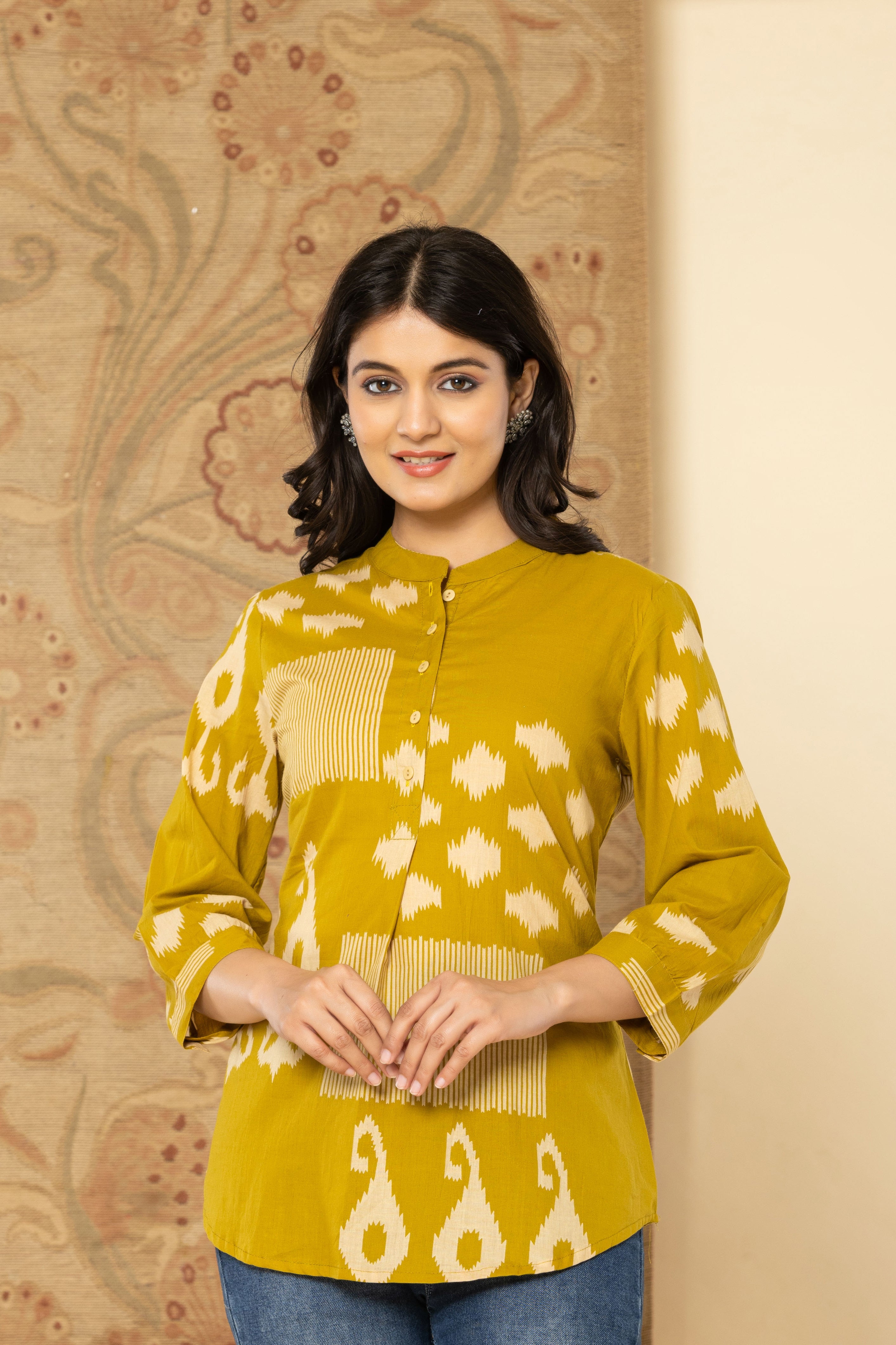 Golden Meadow Women's Cotton Top – Yellow Floral Printed