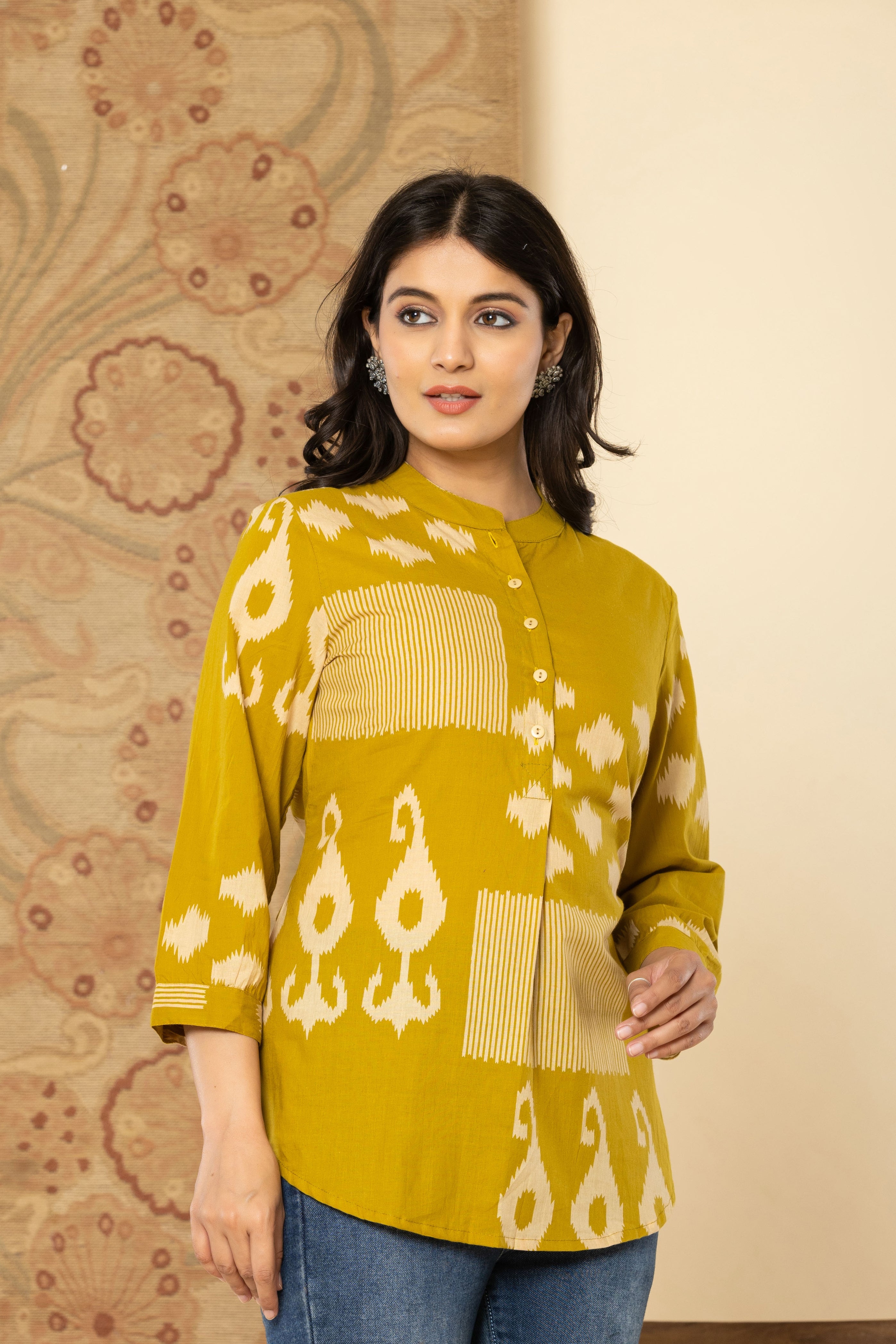 Golden Meadow Women's Cotton Top – Yellow Floral Printed